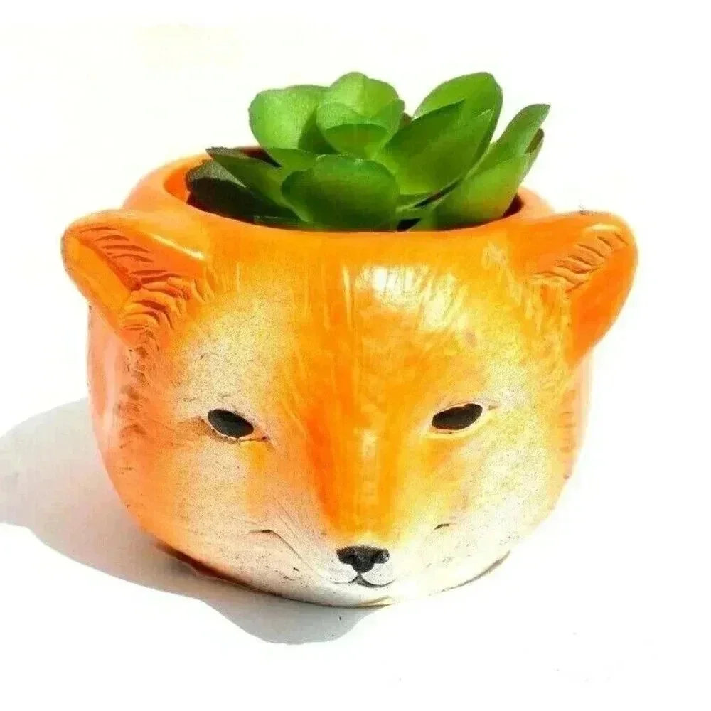 NEW Fox Face Thanksgiving / Halloween Ceramic Planter Plot W/ Succulents